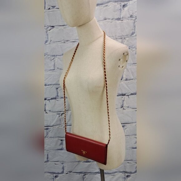 Prada Saffiano Leather Red Gold Detachable Crossbody Strap Wallet on Long Chain - Picture 8 of 16